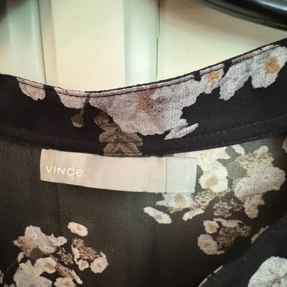 Vince White and Gray Floral Long Sleeve Blouse Shear Silk - Picture 3 of 6